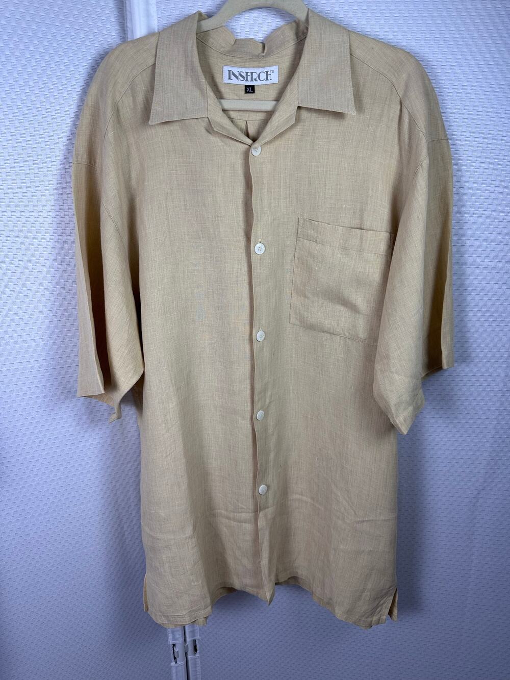 INSERCH 100% Linen Shirt Men’s XL Beige Tan Button Front Camp Casual Shirt